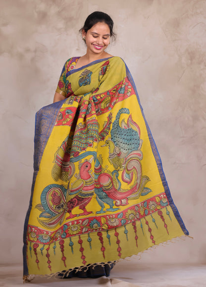 Hand Drawn Pen Kalamkari Parrot Green And Blue Bangalore Silk Kanchi Border Saree | Looms & Tassels