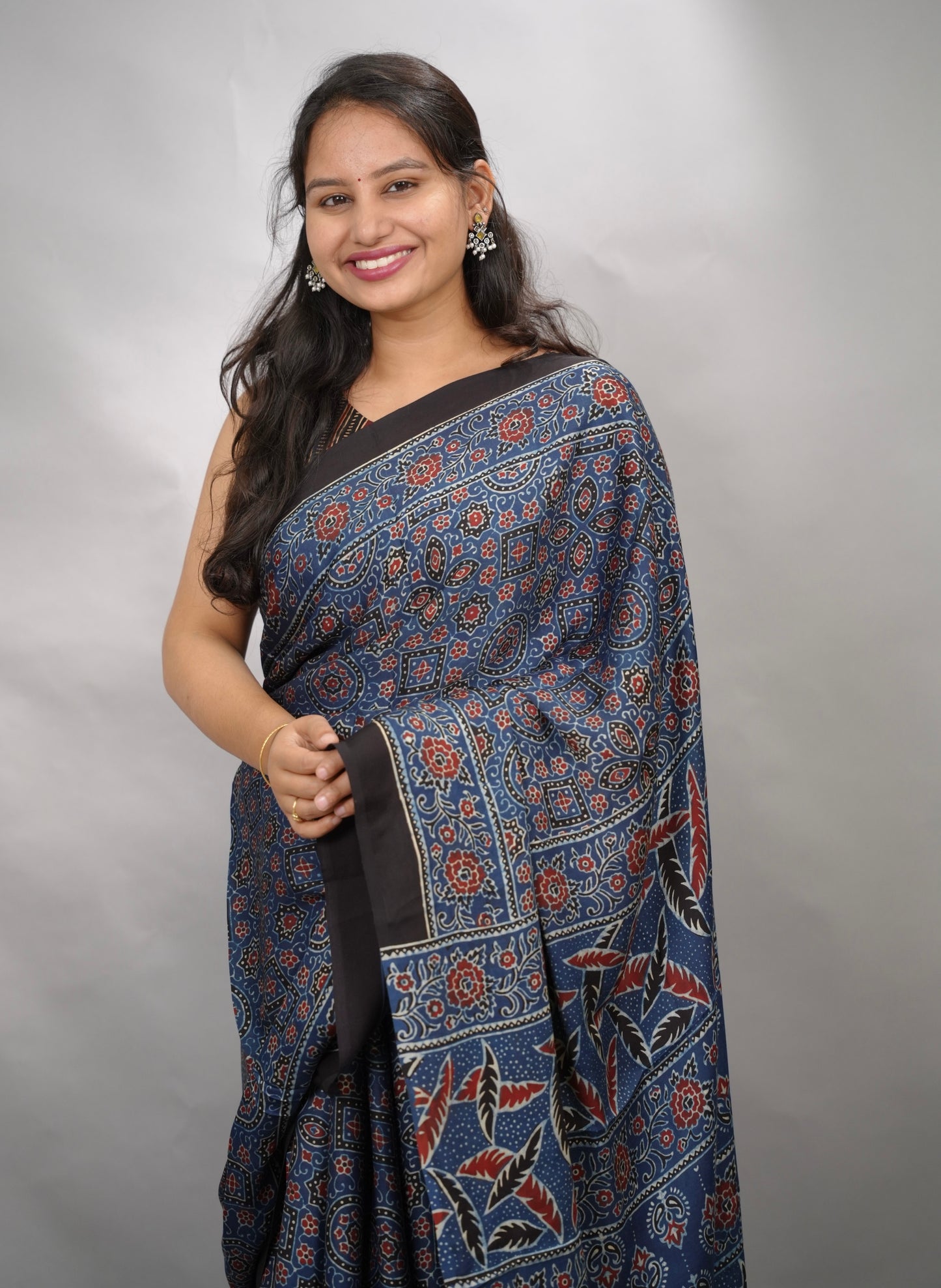 Indigo Blue Authentic Ajrakh Handblock Printed Modal Silk Saree | Looms & Tassels