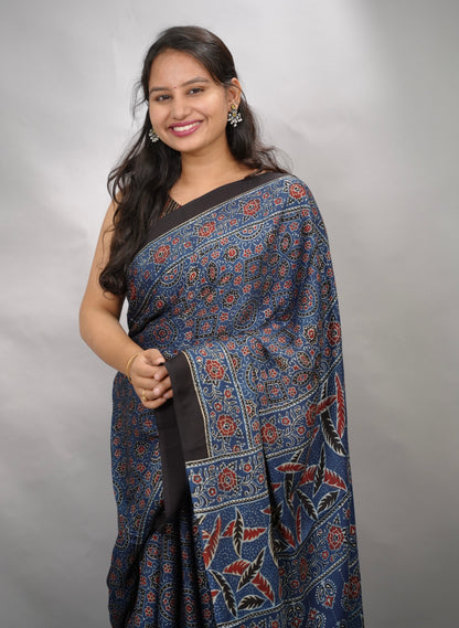 Indigo Blue Authentic Ajrakh Handblock Printed Modal Silk Saree | Looms & Tassels