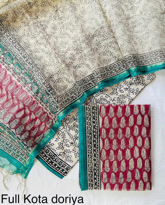 Handblock printed pure kota doria cotton 3 piece suit set