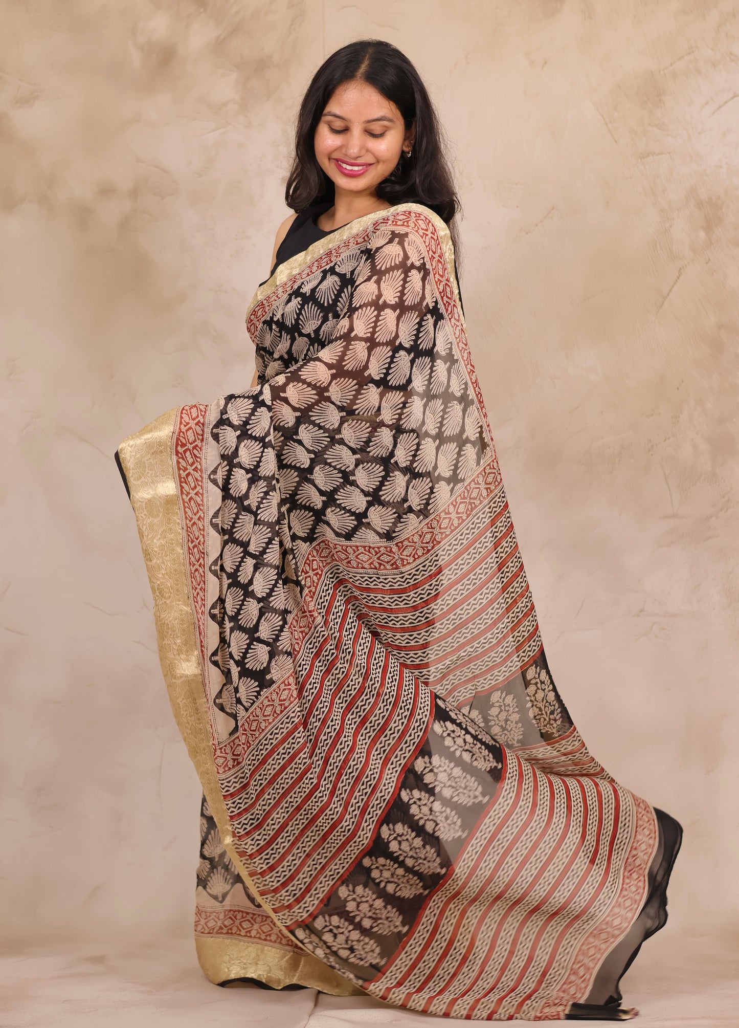 Black Chiffon Hand Block Printed Saree with Jari Border | Looms & Tassels