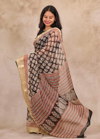 Black Chiffon Hand Block Printed Saree with Jari Border | Looms & Tassels