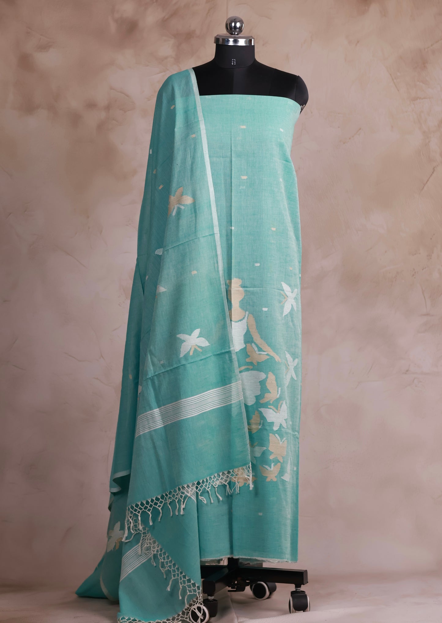Ice Blue Handwoven Jamdhani weaving pure Malai cotton 2 piece suit sets | Looms & Tassels