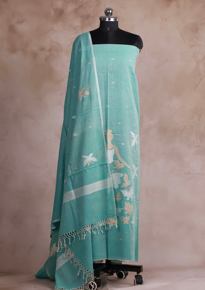 Ice Blue Handwoven Jamdhani weaving pure Malai cotton 2 piece suit sets | Looms & Tassels