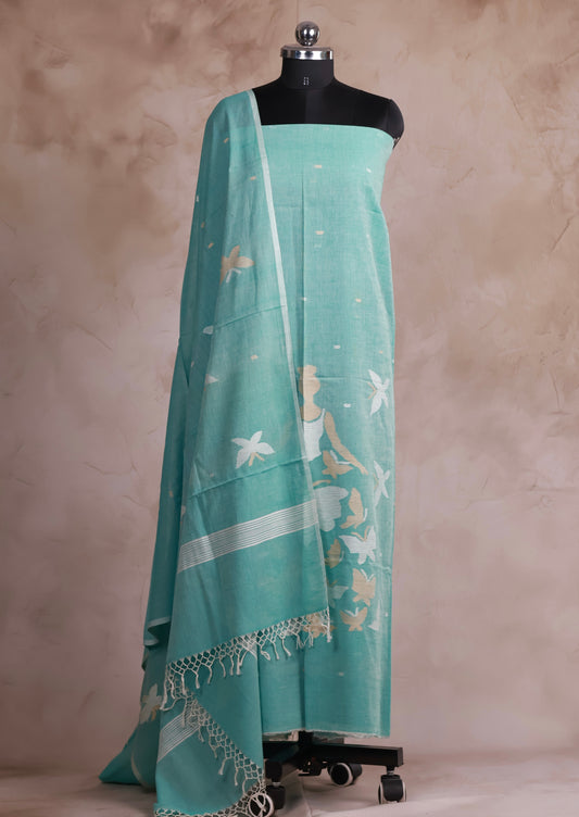 Ice Blue Handwoven Jamdhani weaving pure Malai cotton 2 piece suit sets | Looms & Tassels
