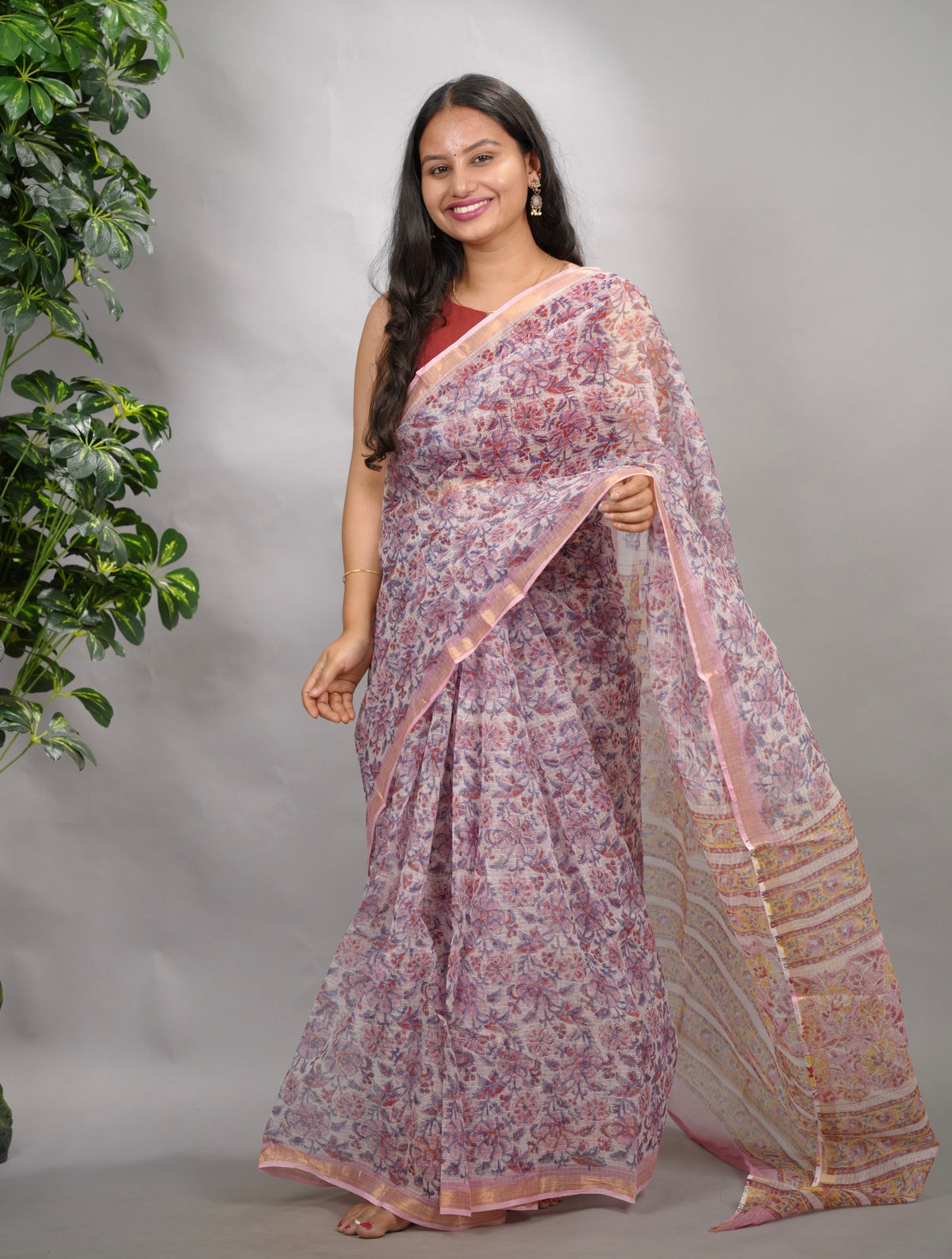 White & Lavender Pure Kota Doria Saree with Bagru Handblock Prints