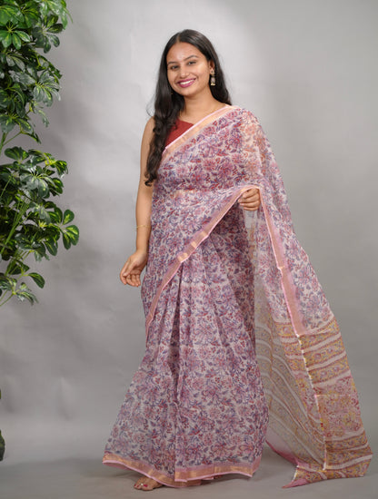 White & Lavender Pure Kota Doria Saree with Bagru Handblock Prints