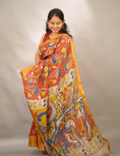 Rust Orange Kanchi border Kalamkari Chennur Silk Saree | Looms & Tassels
