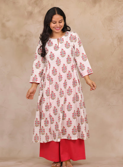 Off White Floral Mul Cotton Kurta with Red Palazzo Set | Looms & Tassels