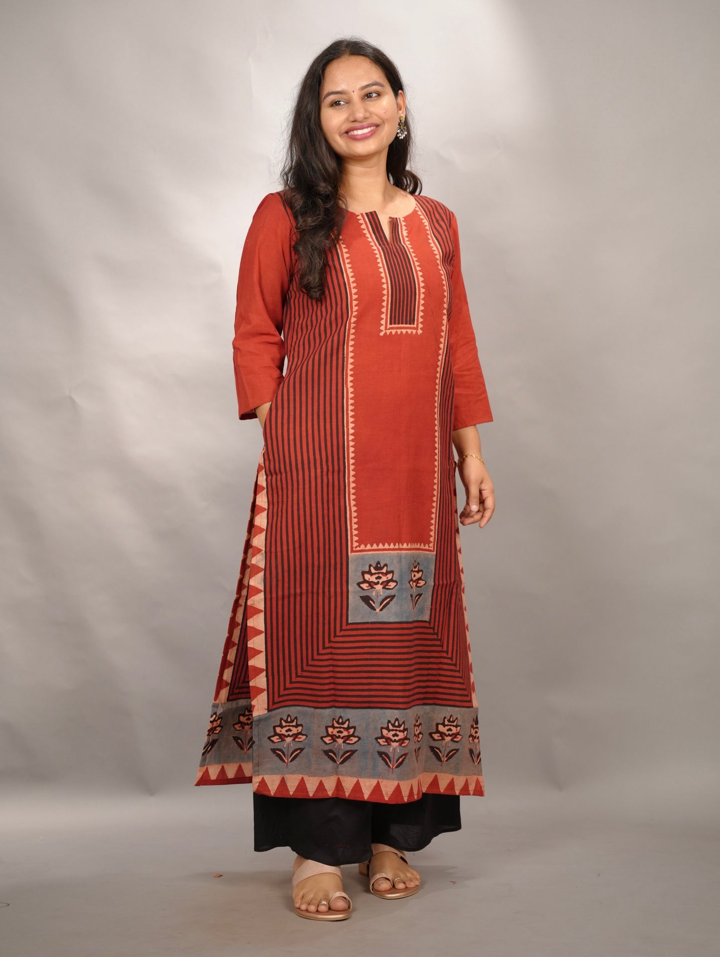 Red Ajrakh Pattern Hand Block printed Kurti | Looms & Tassels