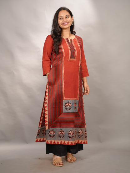 Red Ajrakh Pattern Hand Block printed Kurti | Looms & Tassels