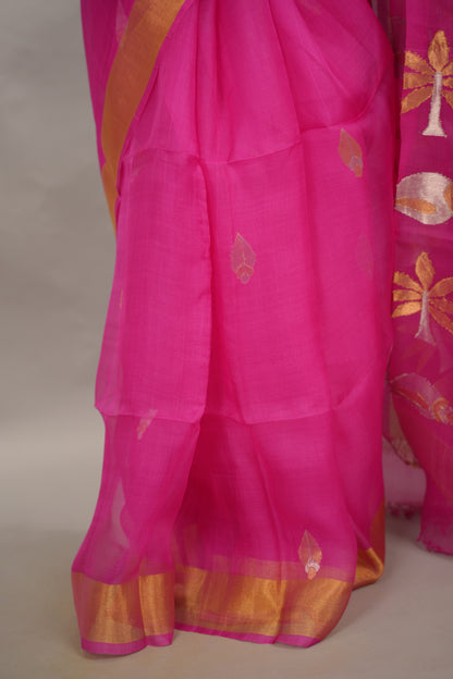 Pink Handloom Muslin Silk Saree With jamdhani weaving | Looms & Tassels