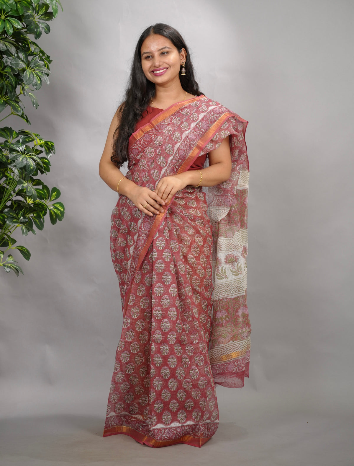 Dusty Rose Pink Pure Kota Doria Saree with Bagru Handblock Prints