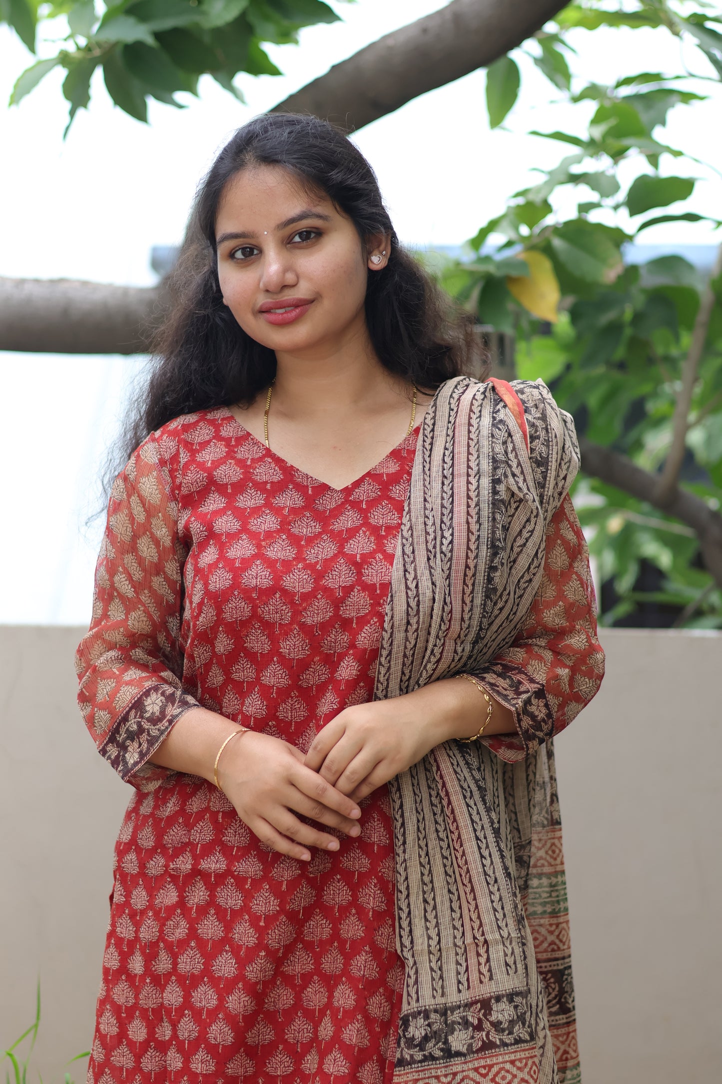 Maroon Handblock printed kota 3 piece suit (stitched)