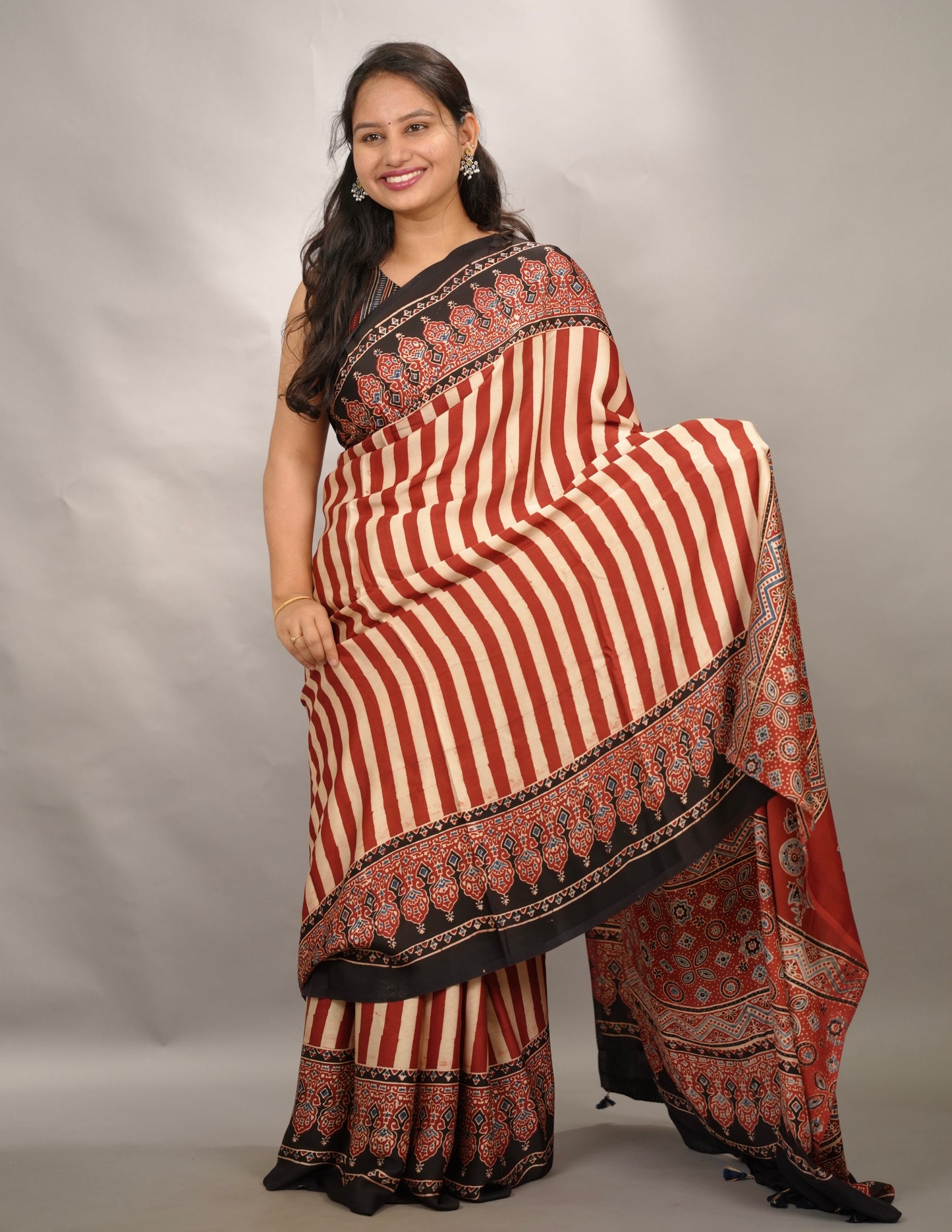 Authentic Red And Cream Stripes Ajrakh Handblock Printed Modal Silk Saree | Looms & Tassels