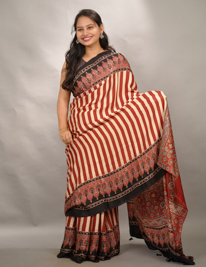 Authentic Red And Cream Stripes Ajrakh Handblock Printed Modal Silk Saree | Looms & Tassels