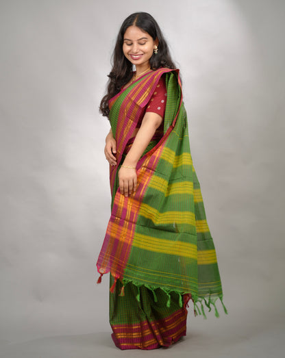 Parrot Green Checks Narayanpet Cotton Saree with Traditional contrast Border | Looms & Tassels