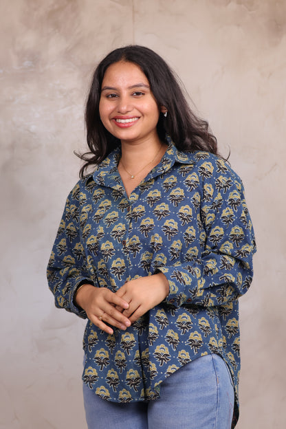 Indigo Ajrakh Handblock Printed Shirt (Pure Cotton ) | Looms & Tassels
