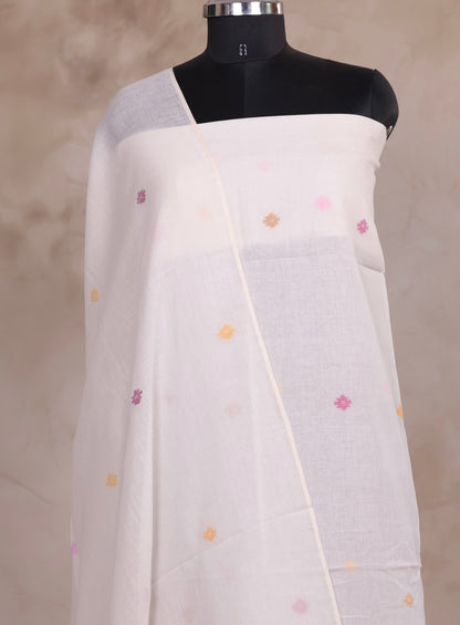 White Handwoven Jamdhani weaving pure Malai cotton 2 piece suit sets | Looms & Tassels