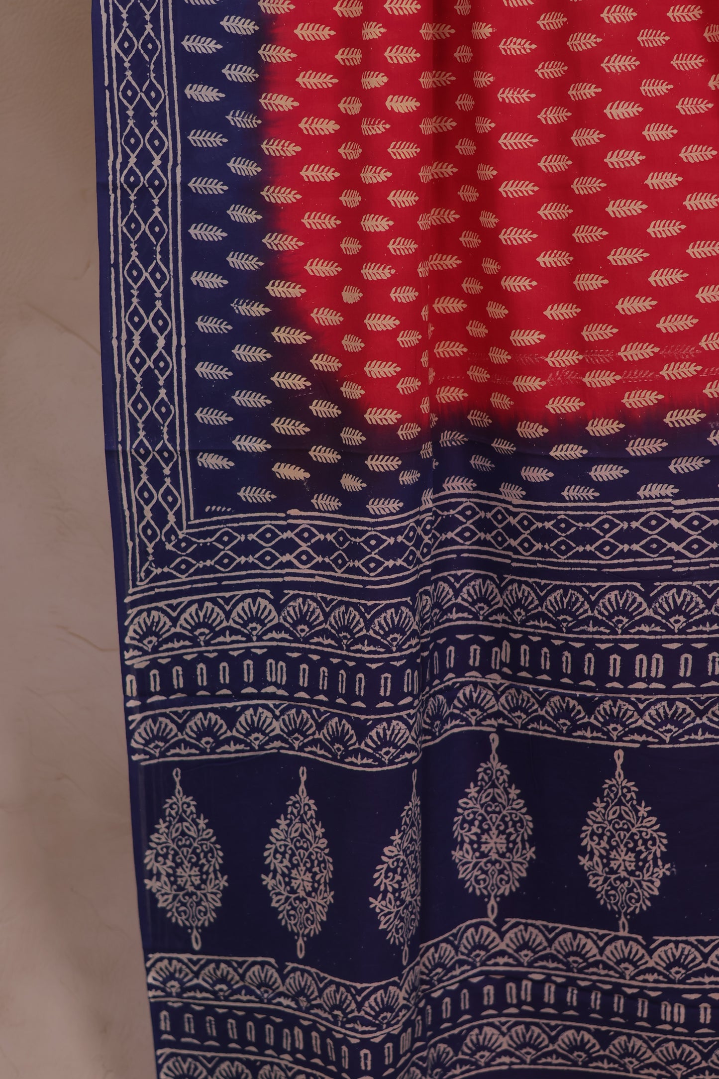 Red & Blue Bagru Handblock printed MulMul cotton saree | Looms & Tassels