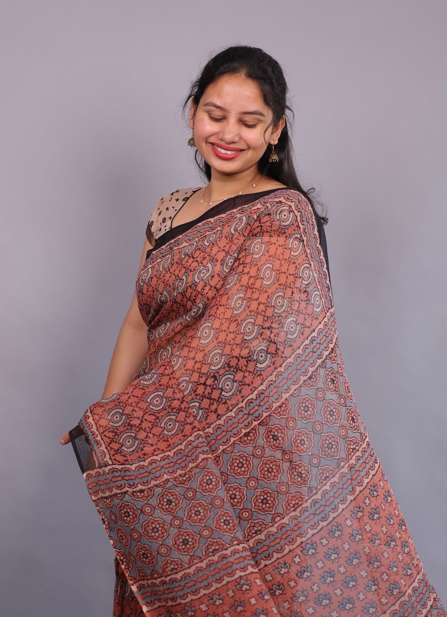 Rust Orange Ajrakh Hand Block Printed Kota Doria Saree | Looms & Tassels