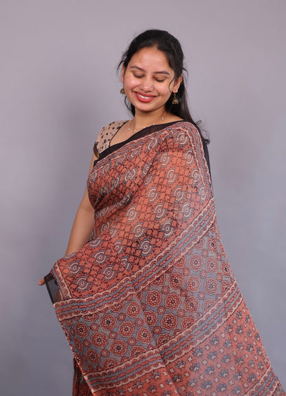Rust Orange Ajrakh Hand Block Printed Kota Doria Saree | Looms & Tassels