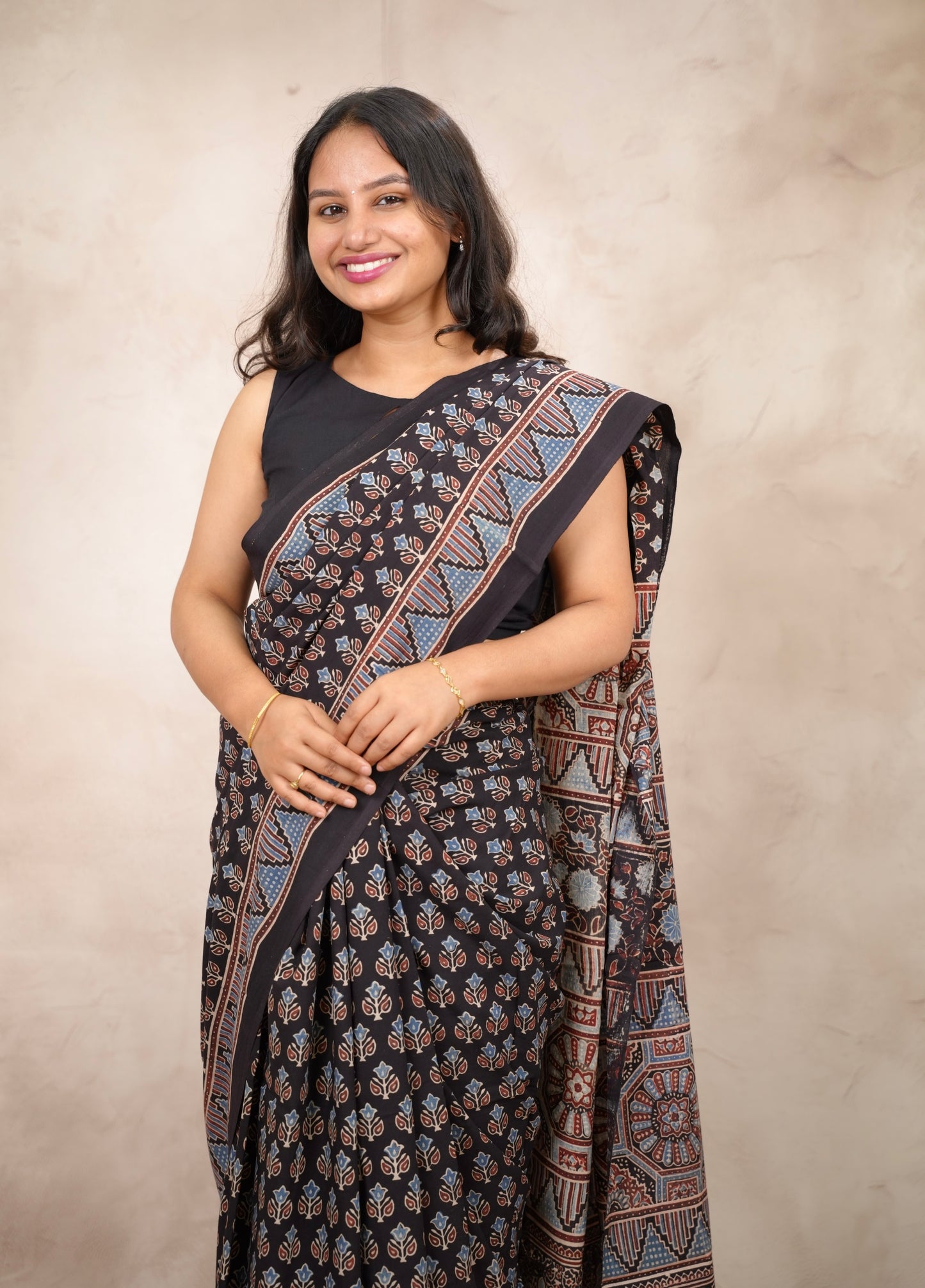 Black Ajrakh Hand Block Printed Cotton Saree | Looms & Tassels