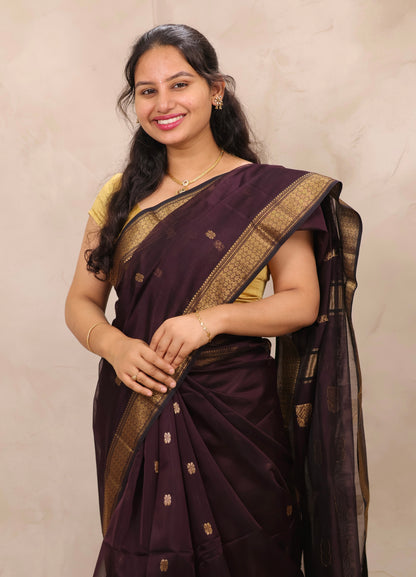 Chocolate Brown Handloom Maheswari Silk Cotton Sarees | Looms & Tassels