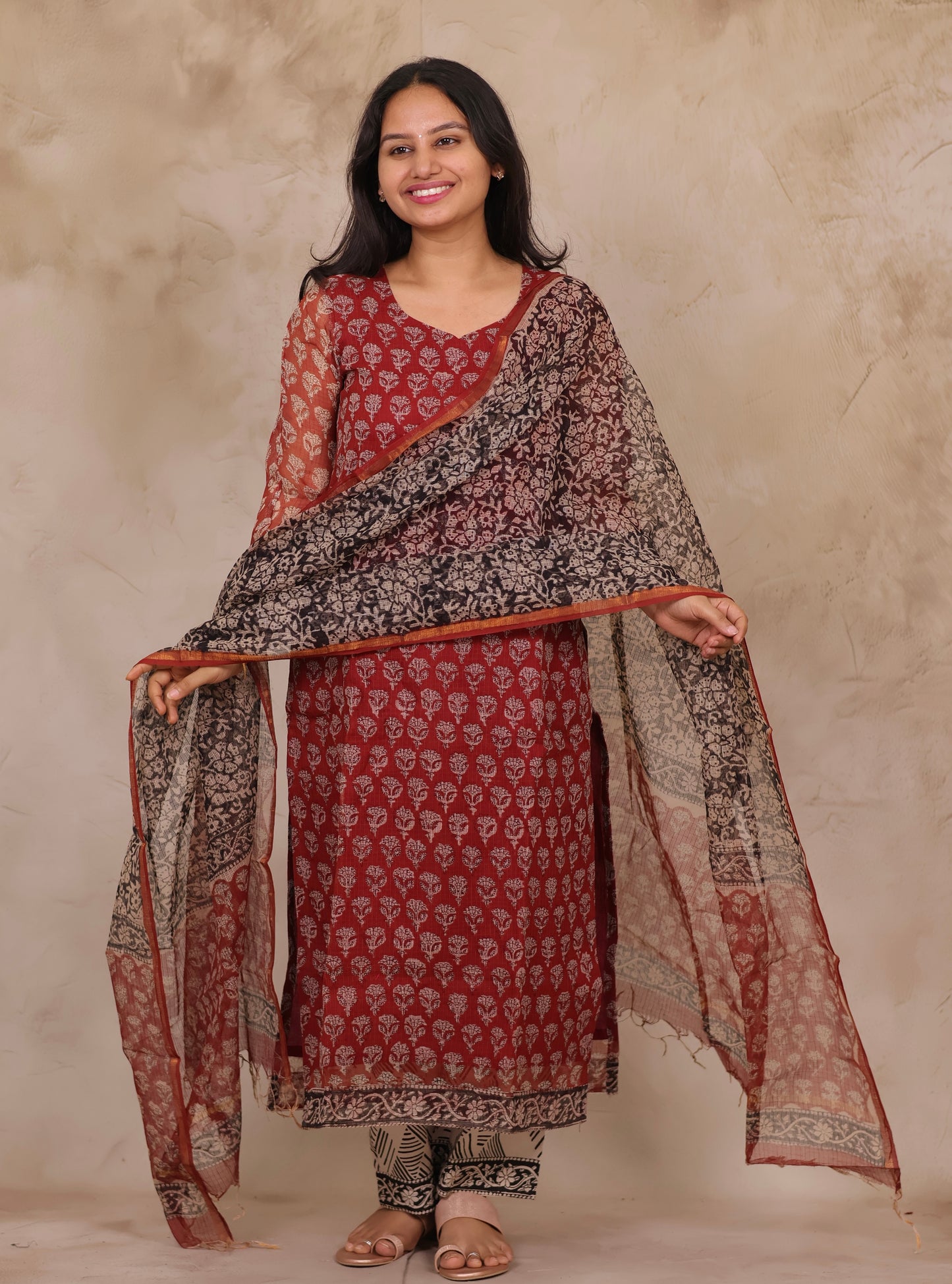 Maroon Handblock printed kota 3 piece suit (stitched)