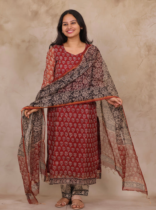 Maroon Handblock printed kota 3 piece suit (stitched)