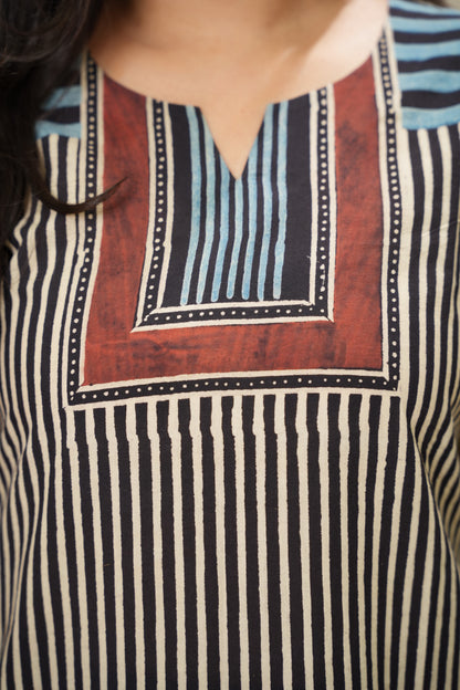 Black & White Ajrakh Pattern Hand Block printed Kurti | Looms & Tassels