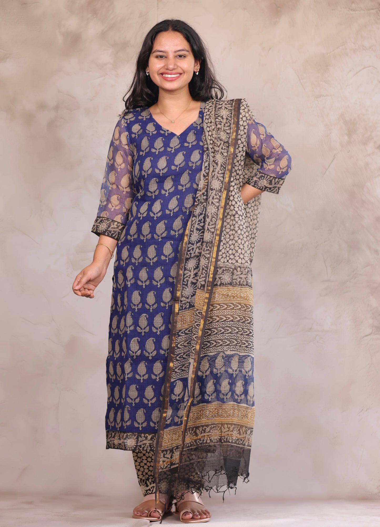 Blue Bagru Handblock printed kota 3 piece suit (stitched)