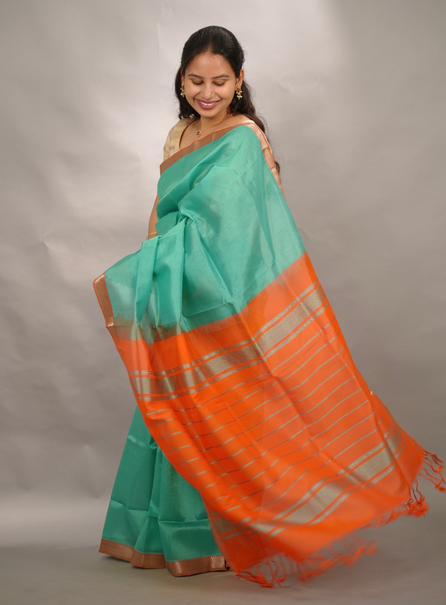 Sea Green & Orange Handloom Mangalagiri Silk Saree| Looms & Tassels