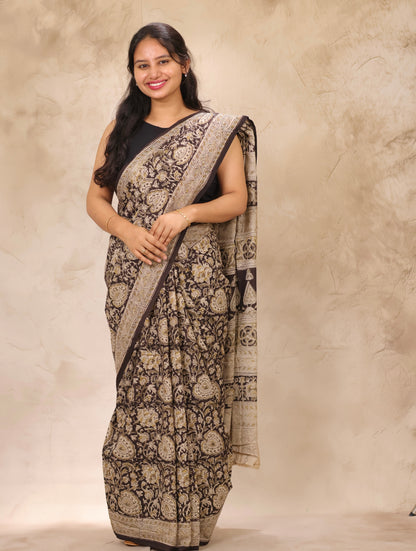 Black Hand Block Printed Kalamkari Cotton Saree | Looms & Tassels
