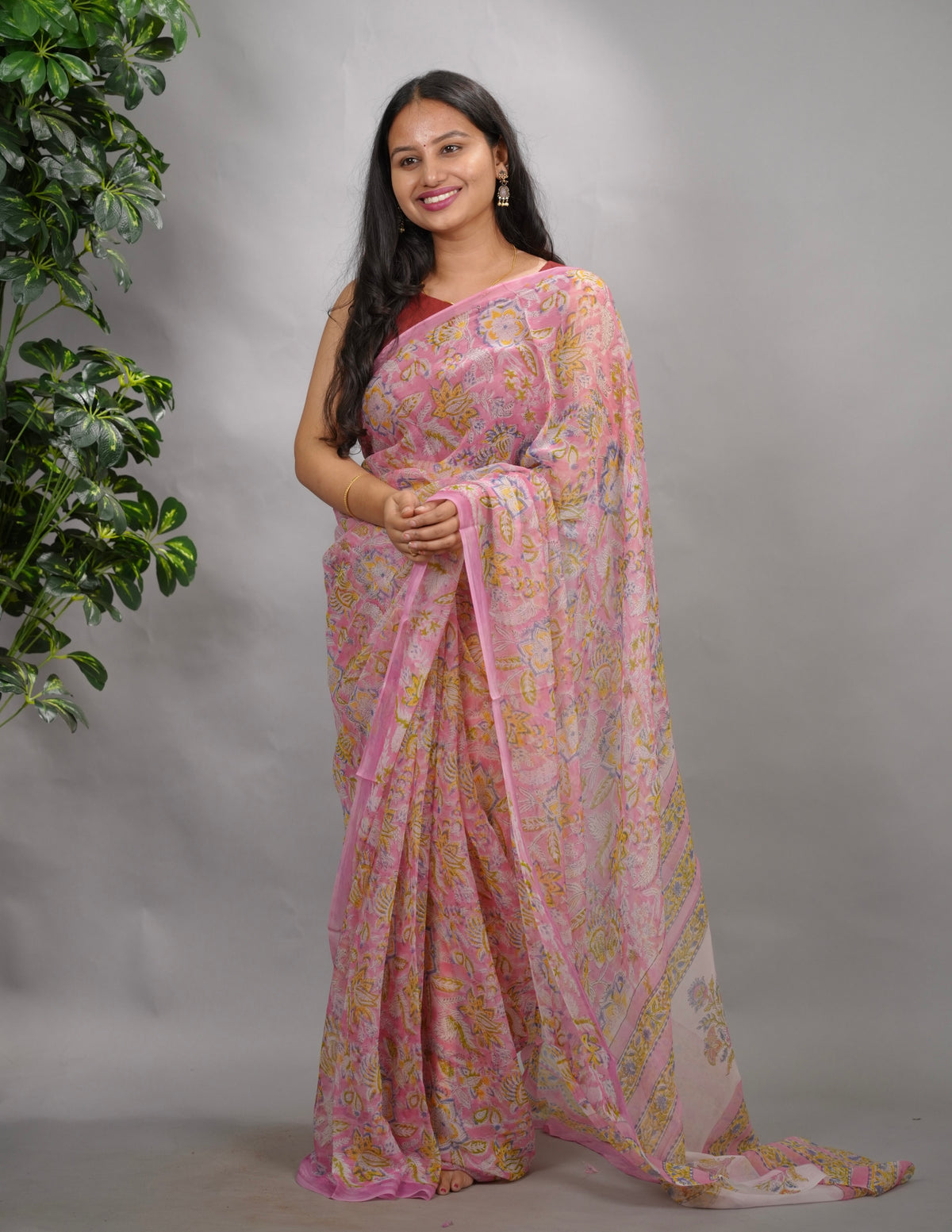 Pastel Pink Chiffon Hand Block Printed Saree | Looms & Tassels
