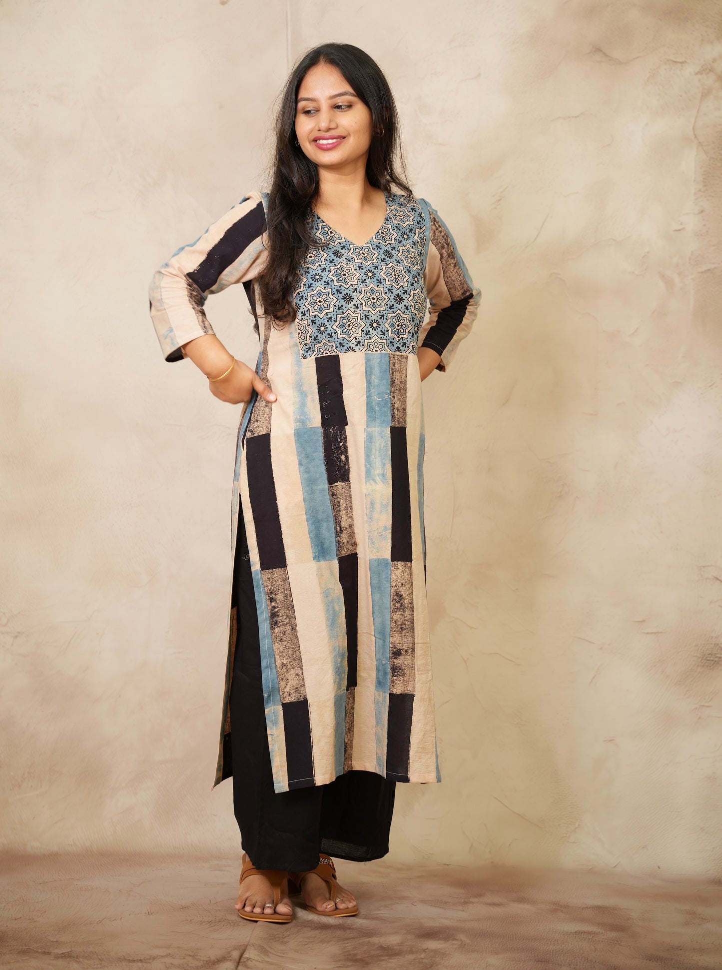 Contemporary Ajrakh Pattern Hand Block printed Kurti | Looms & Tassels