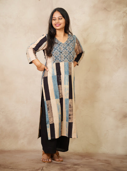 Contemporary Ajrakh Pattern Hand Block printed Kurti | Looms & Tassels