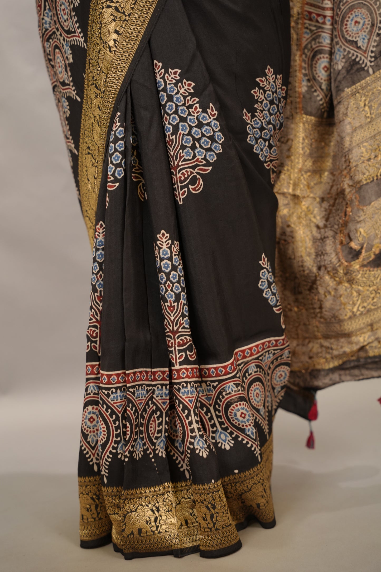 Black Ajrakh Handblock printed Dola Silk Saree | Looms & Tassels