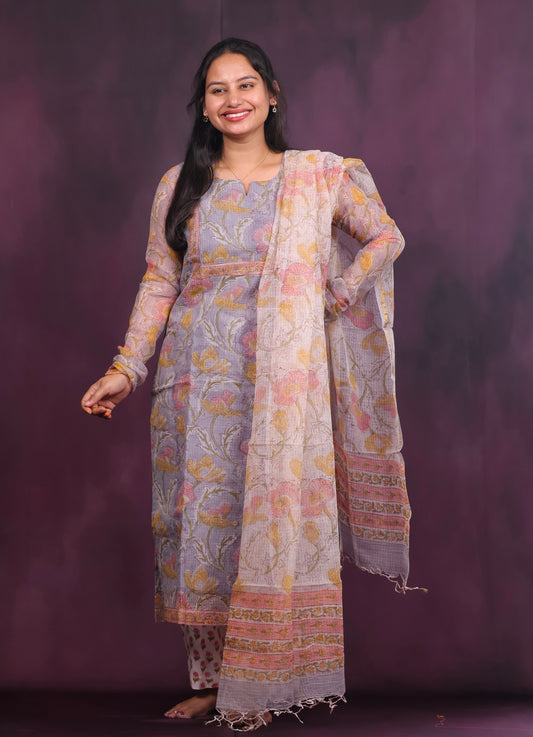 Grey Handblock printed kota 3 piece suit with chudi sleeves