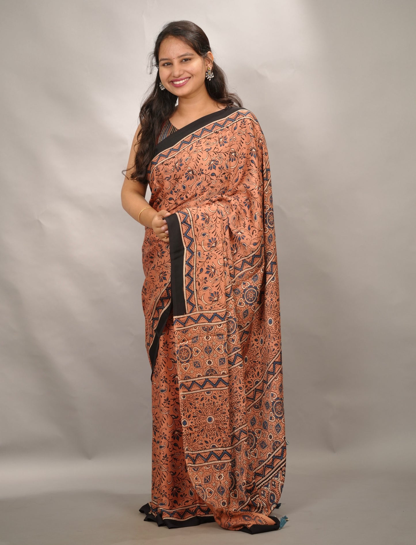 Peach Authentic Ajrakh Handblock Printed Modal Silk Saree | Looms & Tassels