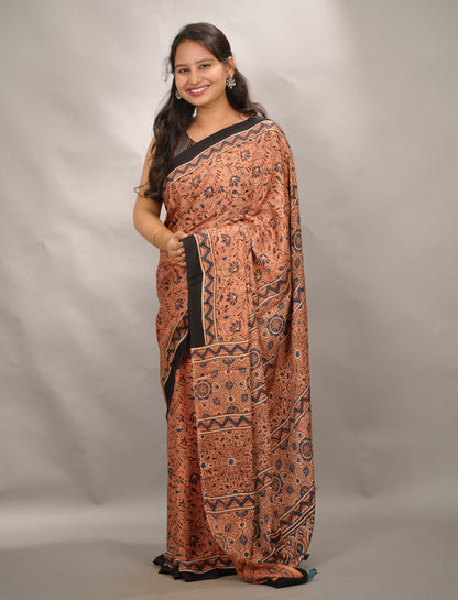 Peach Authentic Ajrakh Handblock Printed Modal Silk Saree | Looms & Tassels