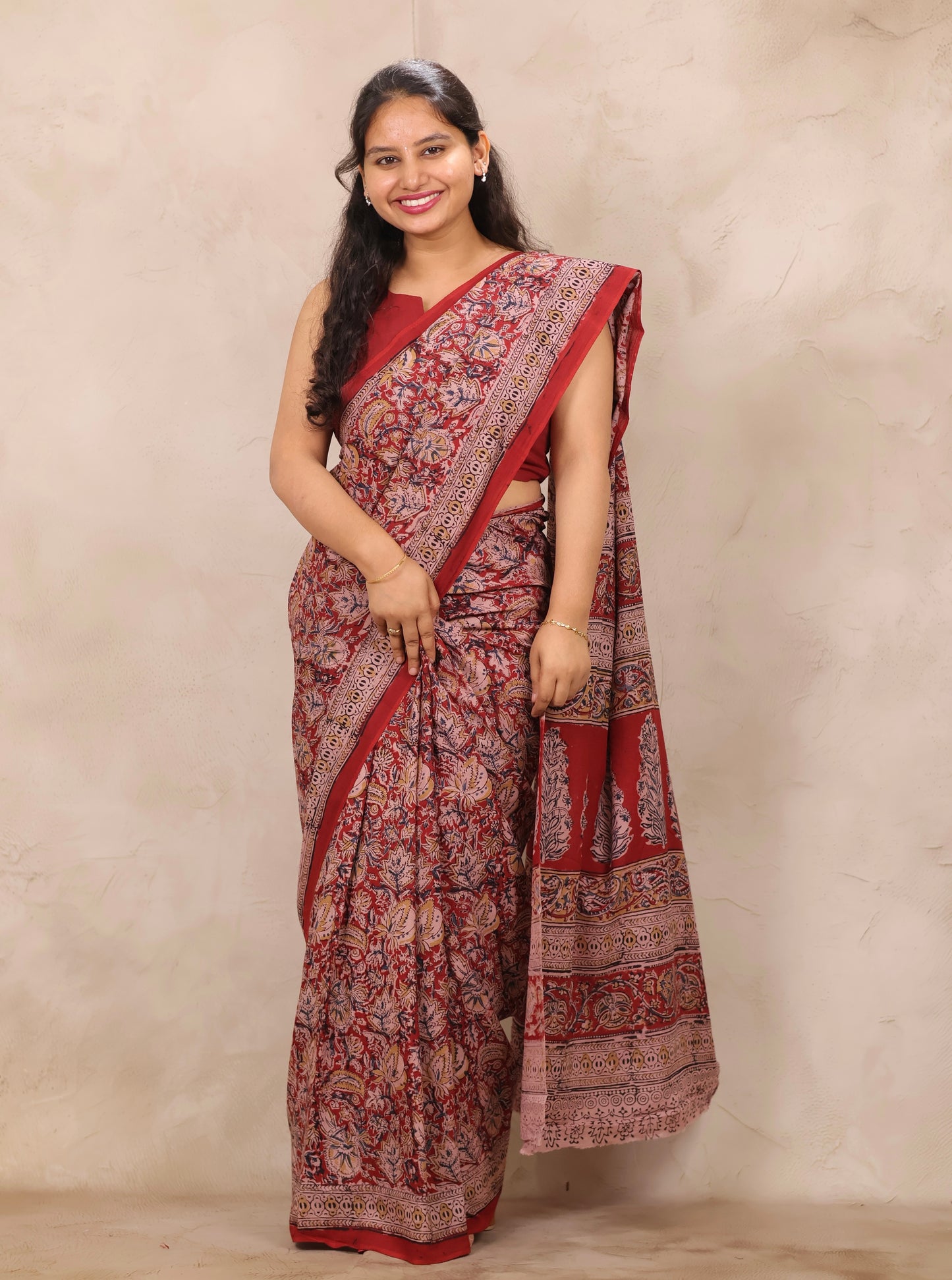 Red Hand Block Printed Kalamkari Cotton Saree | Looms & Tassels