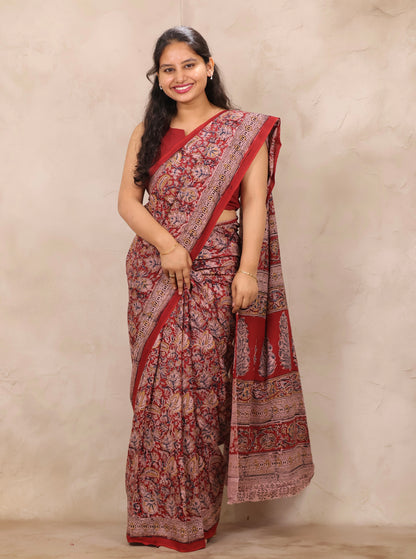 Red Hand Block Printed Kalamkari Cotton Saree | Looms & Tassels