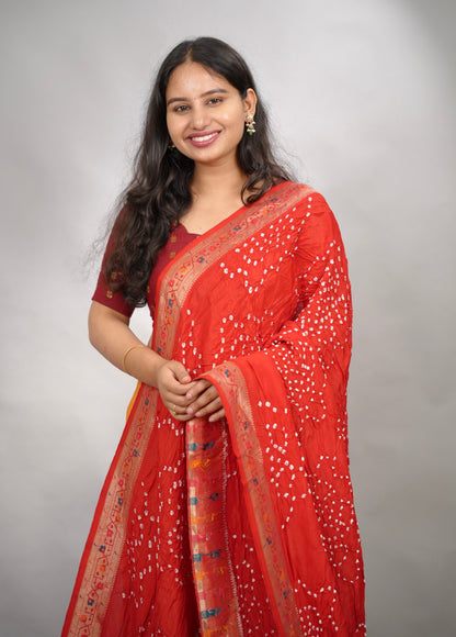 Red Handcrafted Pattern Bandhani Paithani Dola Silk Saree | Looms & Tassels