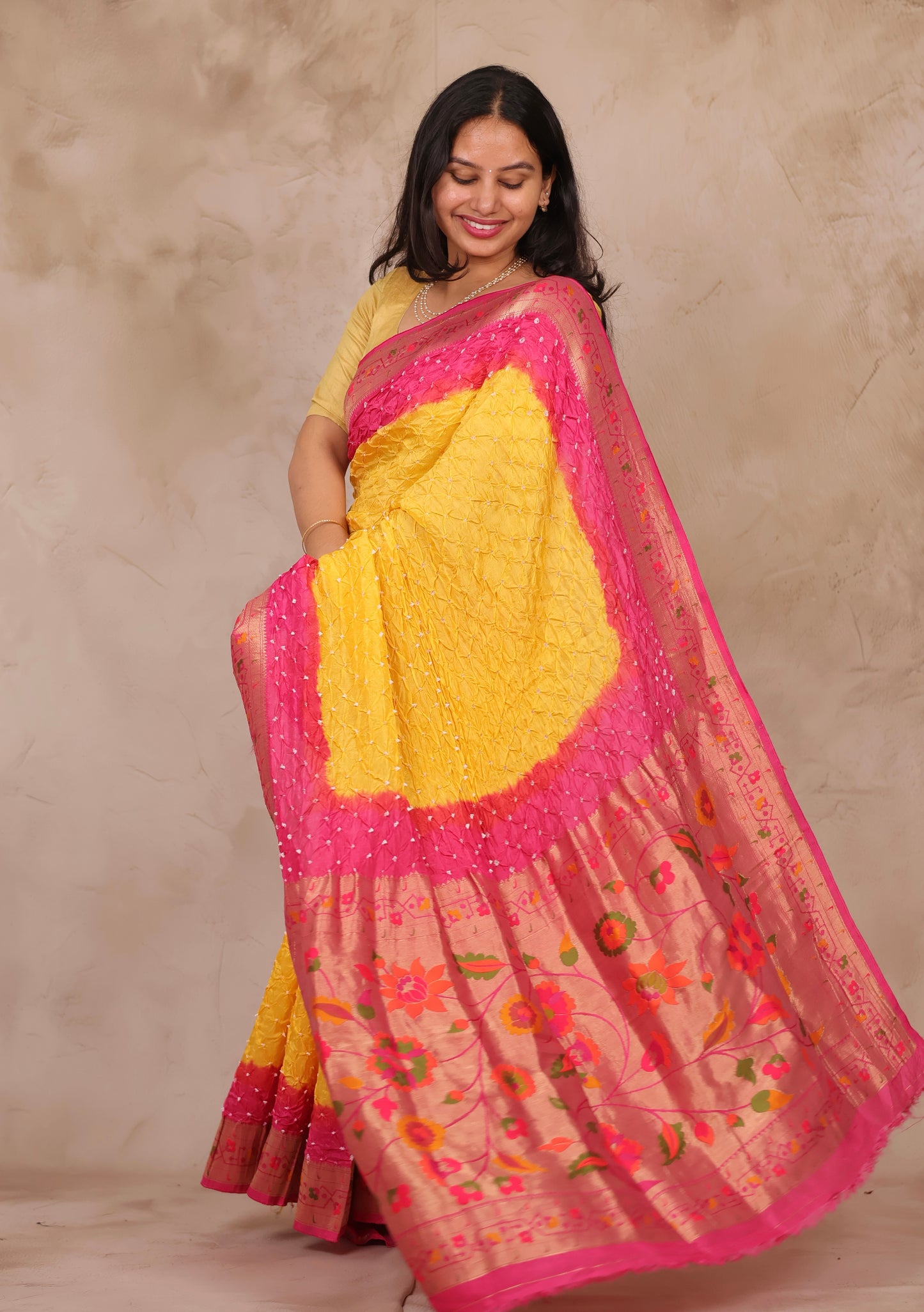 Pink & Yellow Handcrafted Bandhani Paithani Dola Silk Saree | Looms & Tassels