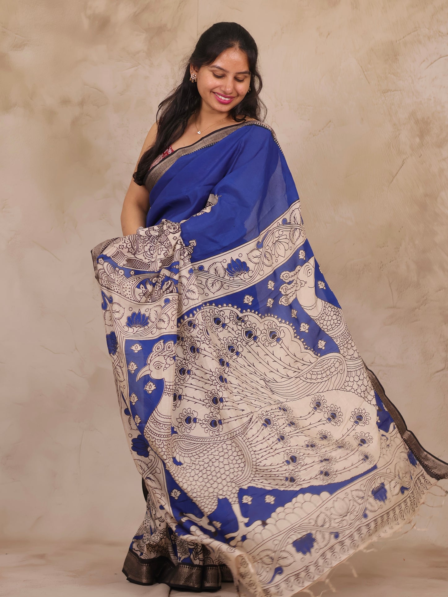 Ink Blue Story Telling Kalamkari Nizam Border Chennur Silk Saree | Looms & Tassels