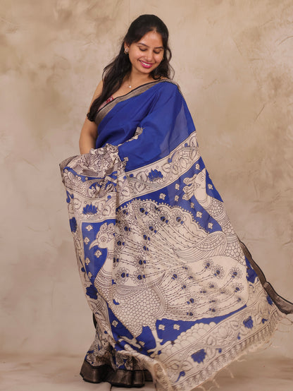 Ink Blue Story Telling Kalamkari Nizam Border Chennur Silk Saree | Looms & Tassels