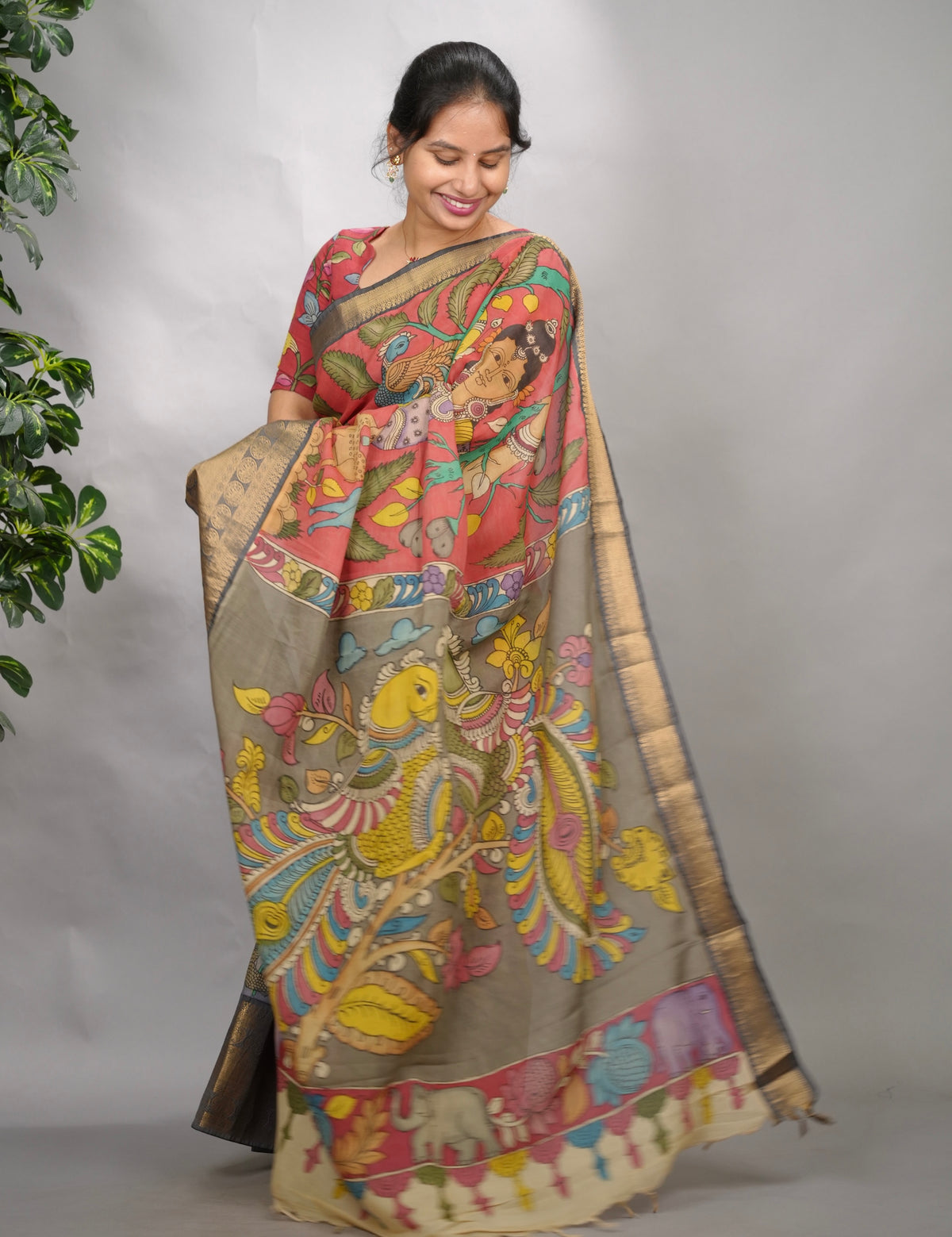 Peach Hand Drawn Pen Kalamkari Bangalore Silk Kanchi Border Saree | Looms & Tassels
