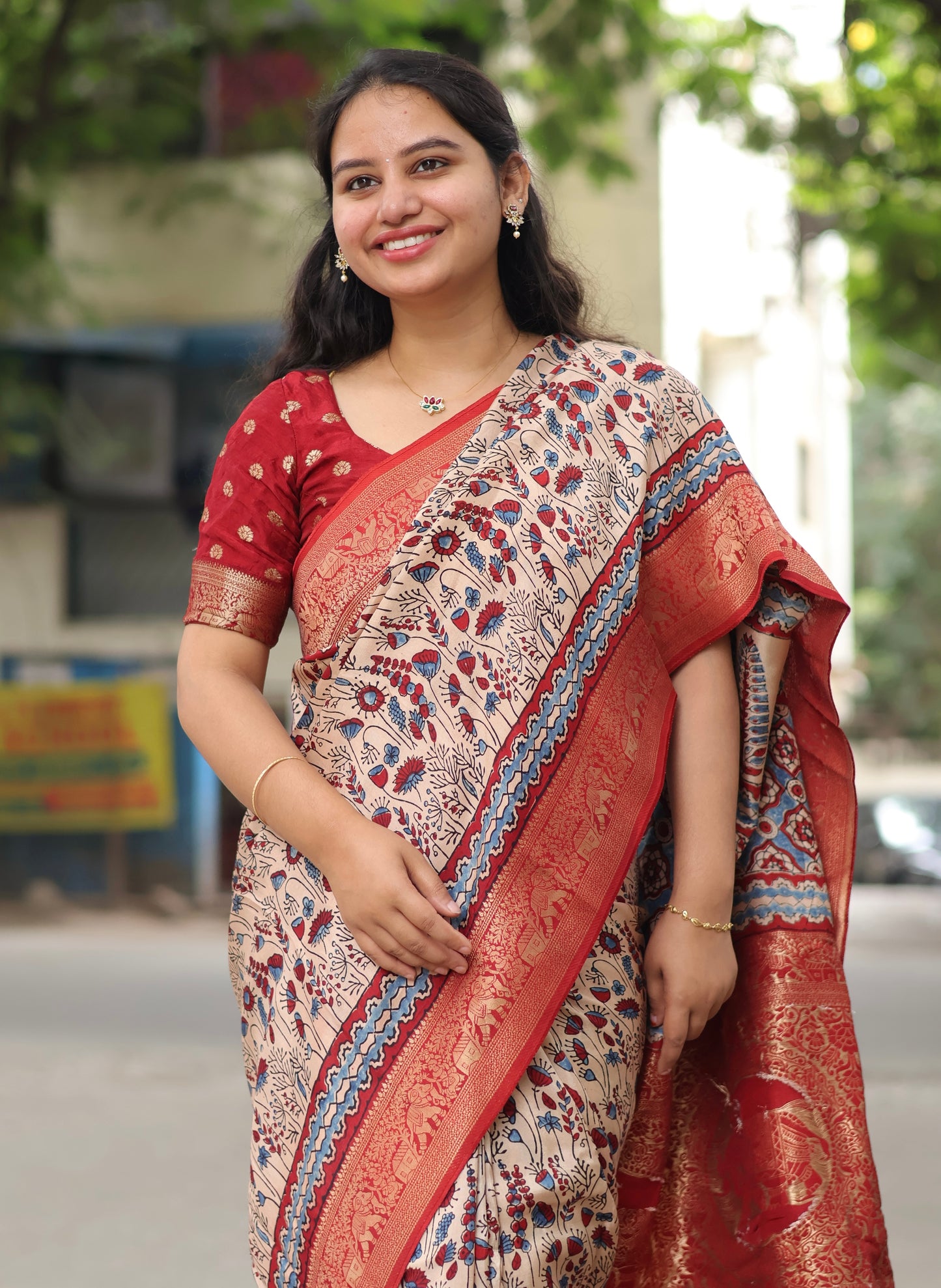 Cream Ajrakh Dola Silk Saree