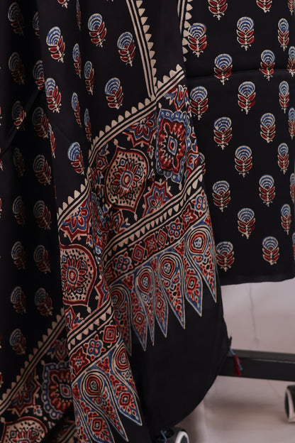 Black Floral Ajrakh Handblock Printed Modal Silk 2 Piece Suit Set | Looms & Tassels